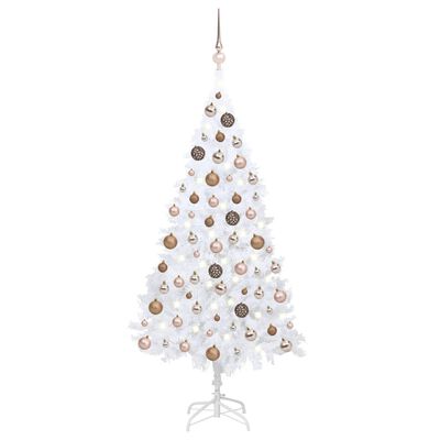 vidaXL Изкуствена осветена коледна елха с топки бяла 180 см PVC