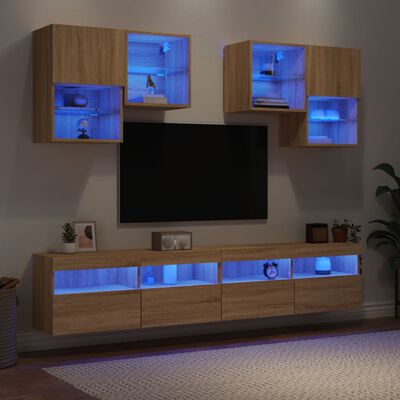 vidaXL Комплект ТВ стенни шкафове, 6 части, с LED светлини, сонома дъб