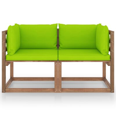 vidaXL Градински 2-местен диван от палети с яркозелени възглавници бор