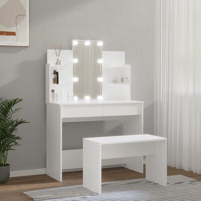 vidaXL Комплект тоалетка с LED, бяла, инженерно дърво