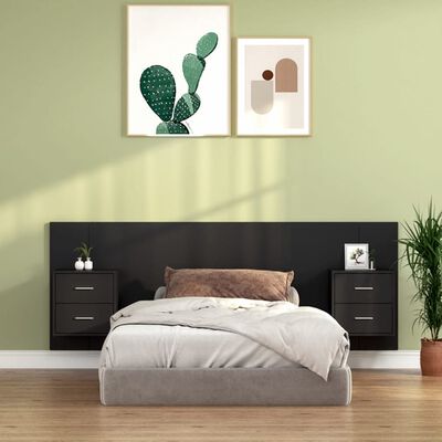 vidaXL Горна табла за легло с шкафчета, черна, инженерно дърво