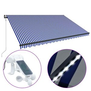 vidaXL Сенник, сензор за вятър и LED, 500x300 см, синьо и бяло