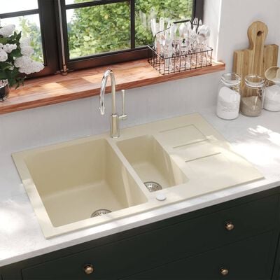 vidaXL Гранитна кухненска мивка с две корита, бежова