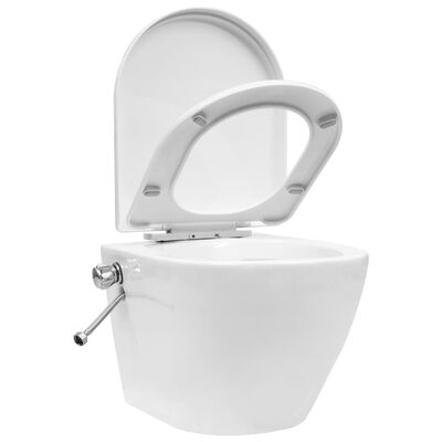vidaXL Окачена тоалетна чиния без ръб, скрито казанче, керамика, бяла
