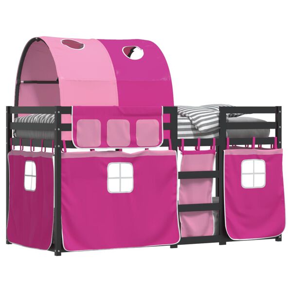 vidaXL Двуетажно легло със завеси розово 90x200 см масивен бор масив