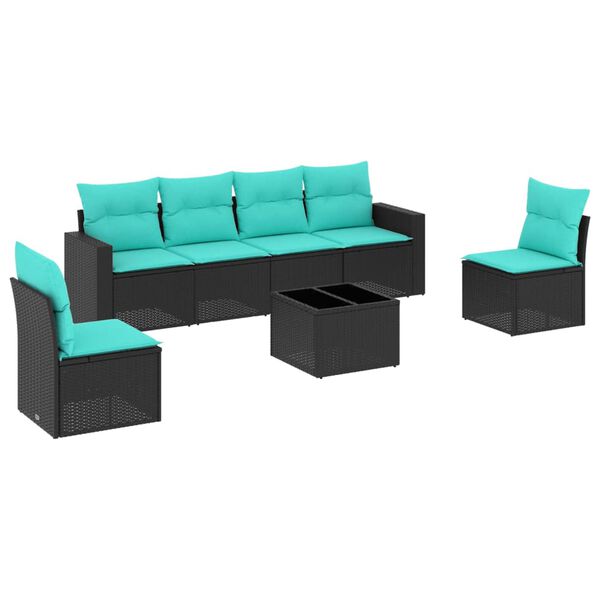 vidaXL Градински комплект диван с възглавници 7 части черен полиратан