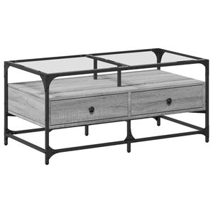 vidaXL Маса за кафе със стъклен плот, сив сонома,98,5x50x45см, стомана