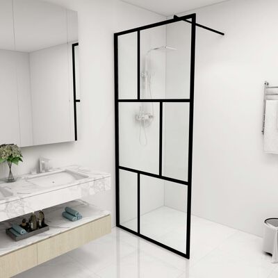vidaXL Преграден параван за баня, закалено стъкло, черен, 90x195 см