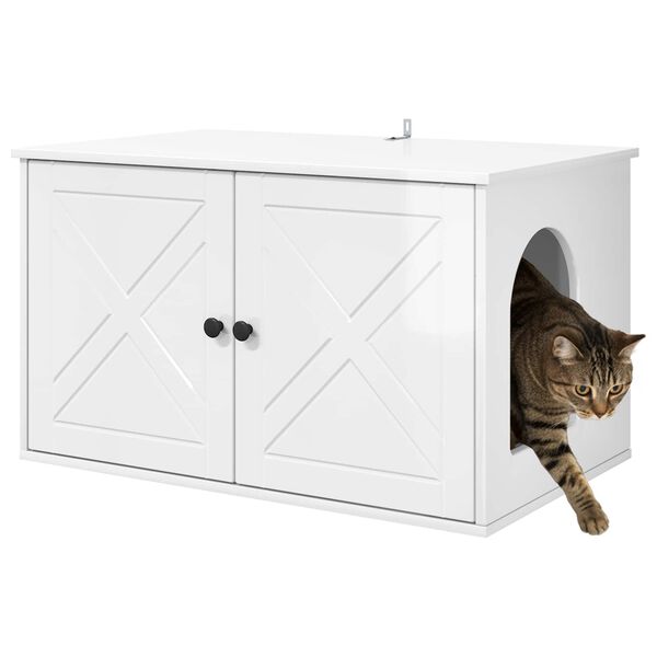 vidaXL Къща за котки Гланц бяло 85 x 55 x 50 см Инженерно дърво