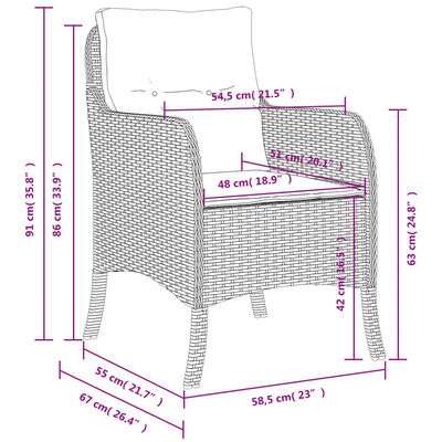 vidaXL Градински столове с възглавници, 2 бр, кафяв полиратан