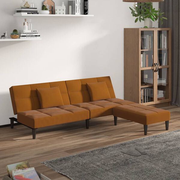 vidaXL 2-местно канапе с две възглавници и табуретка, кафяво, кадифе