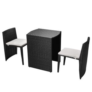vidaXL Бистро комплект, 3 части, с възглавници, черен полиратан