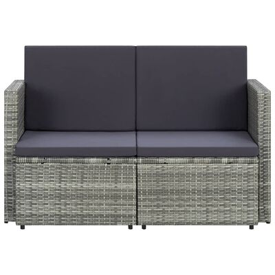 vidaXL 2-местен градински диван с възглавници, сив, полиратан