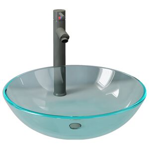 vidaXL Мивка за баня с кран и сифон, прозрачно закалено стъкло