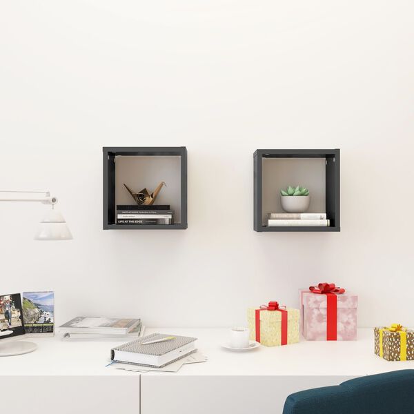 vidaXL Стенни кубични рафтове, 2 бр, сив гланц, 26x15x26 см