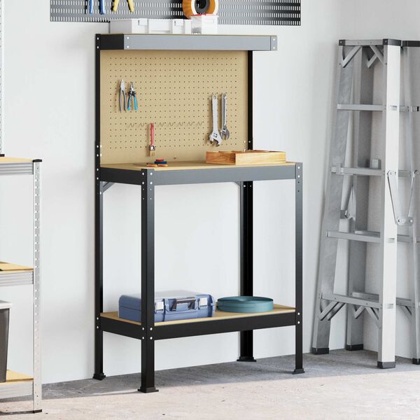vidaXL Работни пейки с рафт Черно 81 x 41 x 145 см Инженерно дърво