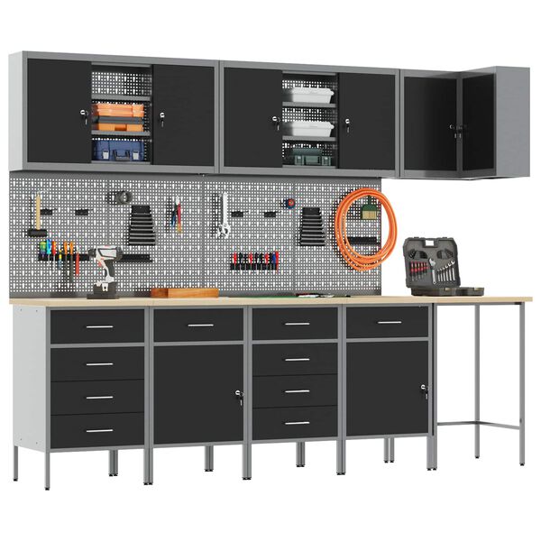 vidaXL Комплект работни шкафове с чекмедже с рафт 12 pcs Черен и Сив