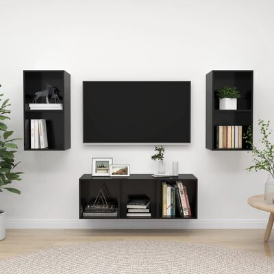 vidaXL Комплект ТВ шкафове от 3 части, черен гланц, ПДЧ