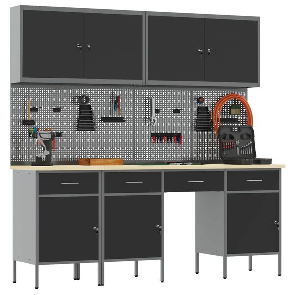 vidaXL Работен кабинет 10 pcs Черно Инженерна дървесина и стомана