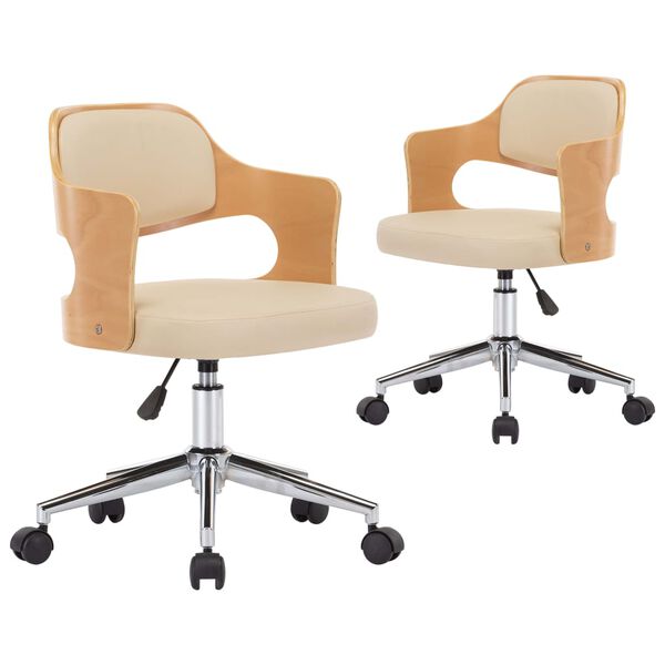 vidaXL Въртящи столове, 2 бр, кремави, извито дърво и изкуствена кожа