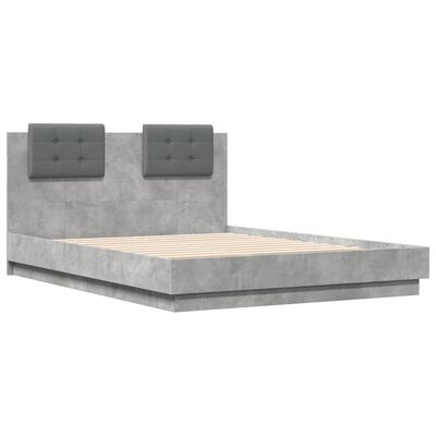 vidaXL Рамка за легло с табла и LED осветление бетонно сив 135x190 см