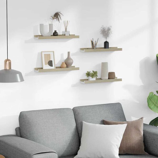 vidaXL Стенни рафтове, 4 бр, бяло и сонома дъб, 40x9x3 см
