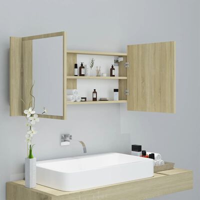 vidaXL Шкаф с LED огледало за баня, дъб сонома, 100x12x45 см, акрил