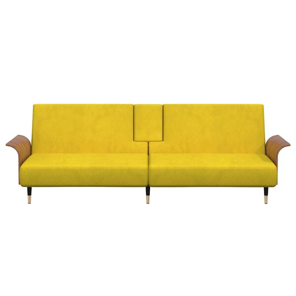 vidaXL Разтегателен диван с поставки за чаши, жълт, кадифе