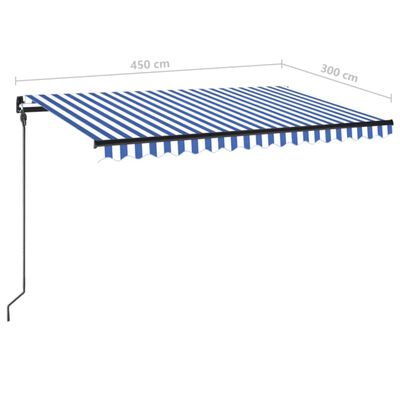 vidaXL Ръчно прибиращ се сенник с LED, 450x300 см, синьо и бяло