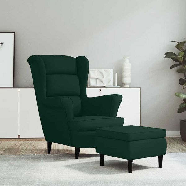 vidaXL Фотьойл Wingback с табуретка, тъмнозелена, кадифе
