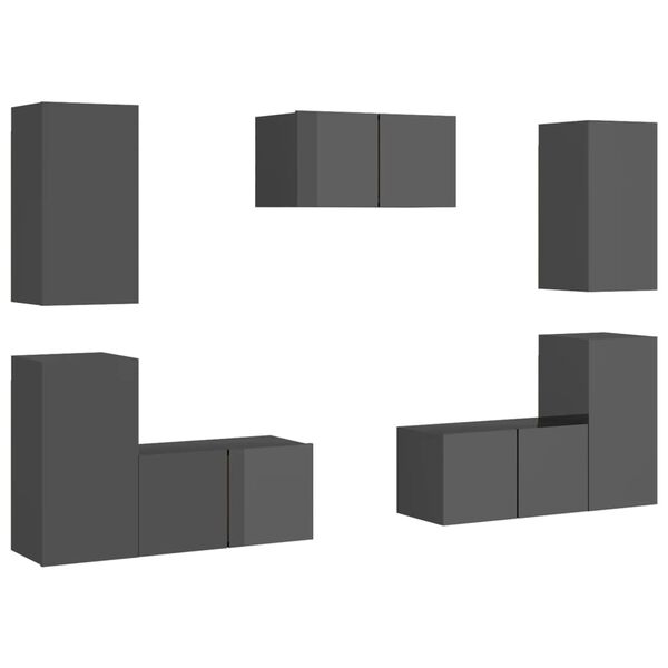 vidaXL Комплект ТВ шкафове от 7 части, сив гланц, инженерно дърво