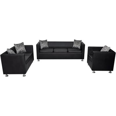 vidaXL Комплект дивани, 2 и 3 местен и кресло, изкуствена кожа, черен