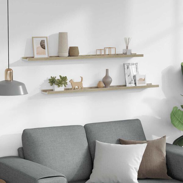 vidaXL Стенни рафтове, 2 бр, бяло и сонома дъб, 100x9x3 см