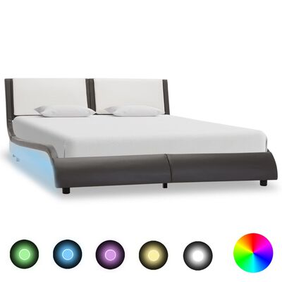 vidaXL Рамка за легло с LED, сиво и бяло, изкуствена кожа, 140x200 cм