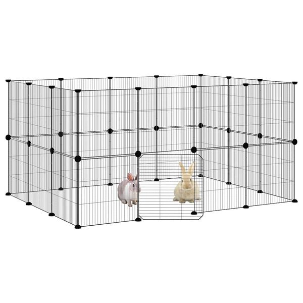 vidaXL Клетка за животни с врата, 28 панела, черна, 35x35 см, стомана