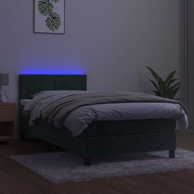 vidaXL Боксспринг легло с матрак и LED, тъмнозелено, 100x200см, кадифе