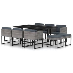 vidaXL Градински комплект с възглавници, 11 части, полиратан, сив