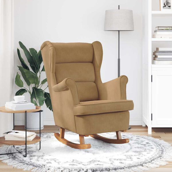 vidaXL Люлеещ се стол с облегалка, кафяв кадифе и масивно дърво