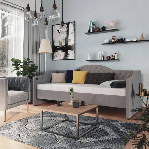 vidaXL Дневно легло с матрак, USB, светлосиво, текстил, 90х200 см