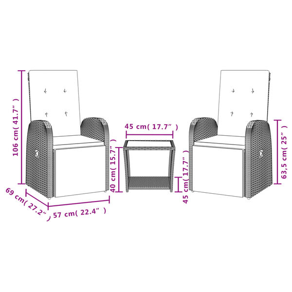 vidaXL Градински трапезен комплект 3 части с възглавници сив полиратан