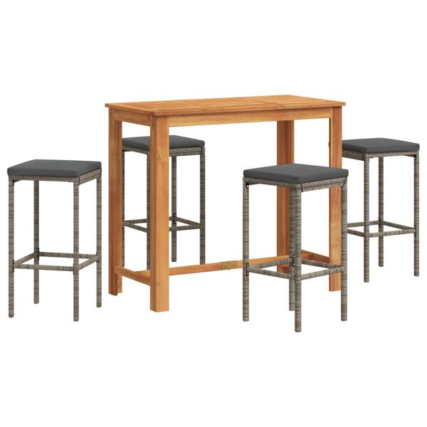 vidaXL Градински бар комплект, 5 части, сиво, акация масив и полиратан
