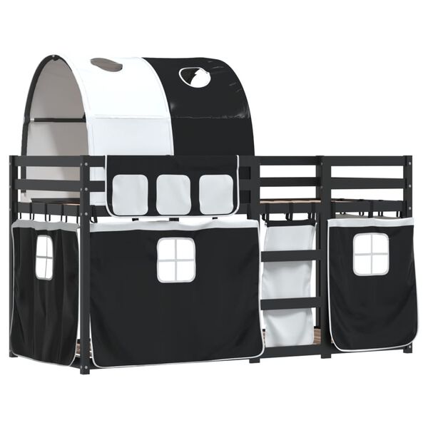 vidaXL Двуетажно легло със завеси, бяло и черно, 90x200 см, бор масив