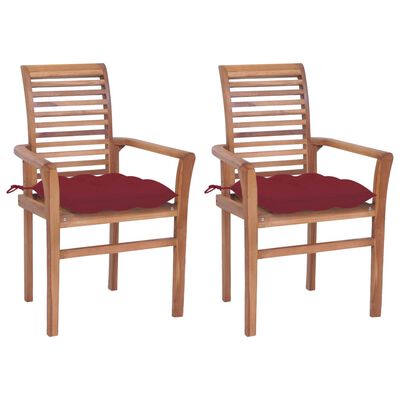 vidaXL Трапезни столове 2 бр виненочервени възглавници тик масив
