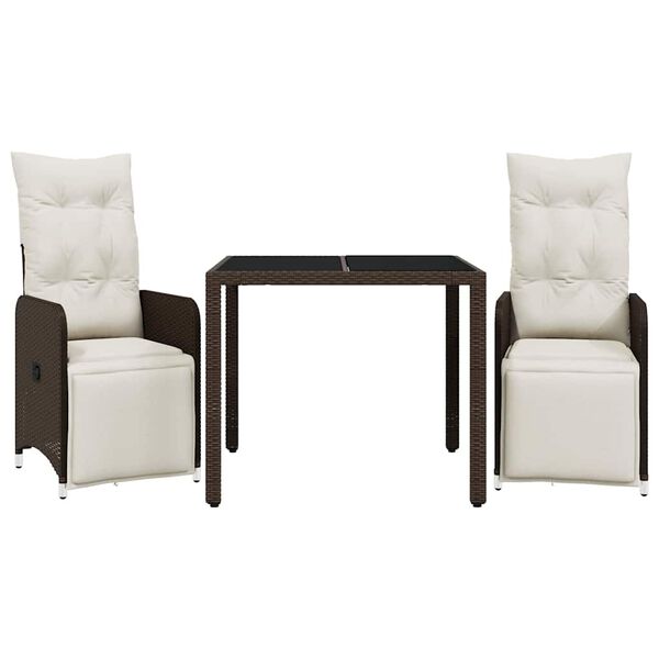 vidaXL Градински бистро комплект с възглавници 3 части кафяв полиратан