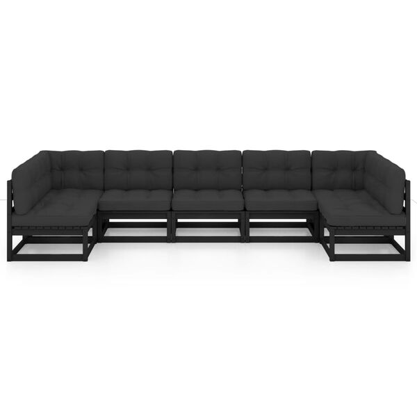 vidaXL Градински комплект от 7 части, с възглавници, черен, бор масив