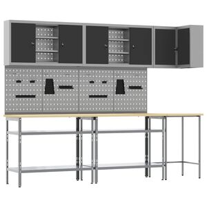 vidaXL Комплект работни шкафове с рафт с заключване 10 pcs Черен и Сив