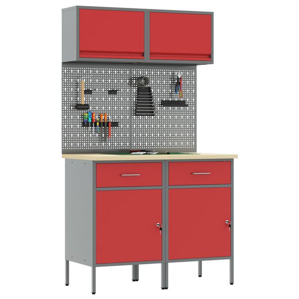 vidaXL Комплект работни шкафове с чекмедже с рафт 6 pcs Червено