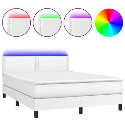 vidaXL Боксспринг легло с матрак и LED бяло 140x200 см изкуствена кожа