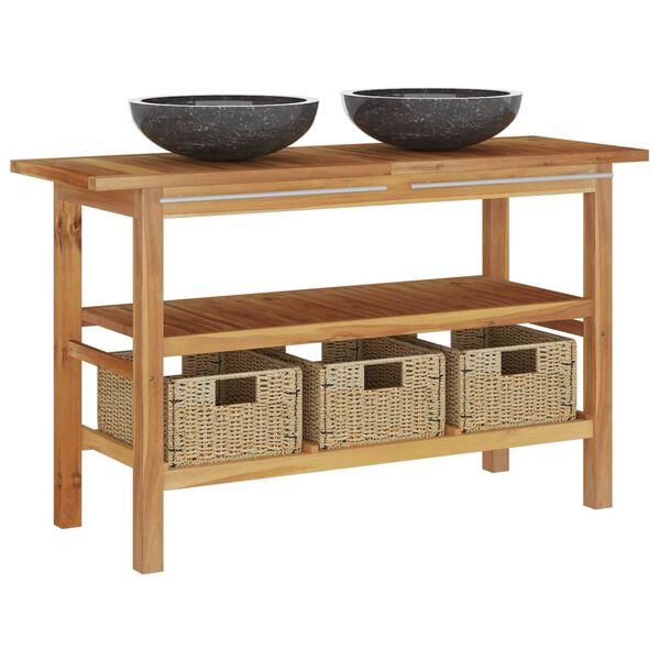 vidaXL Шкаф за баня с черни мраморни мивки, тиково дърво масив