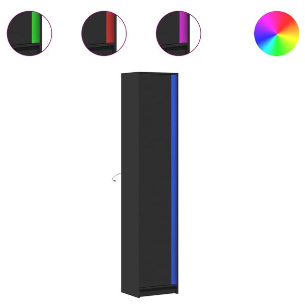 vidaXL Висок шкаф с LED, черен, 41,5x32,5x200 см, инженерно дърво